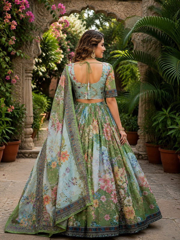 Green Digital Print Silk Lehenga Set ClothsVilla