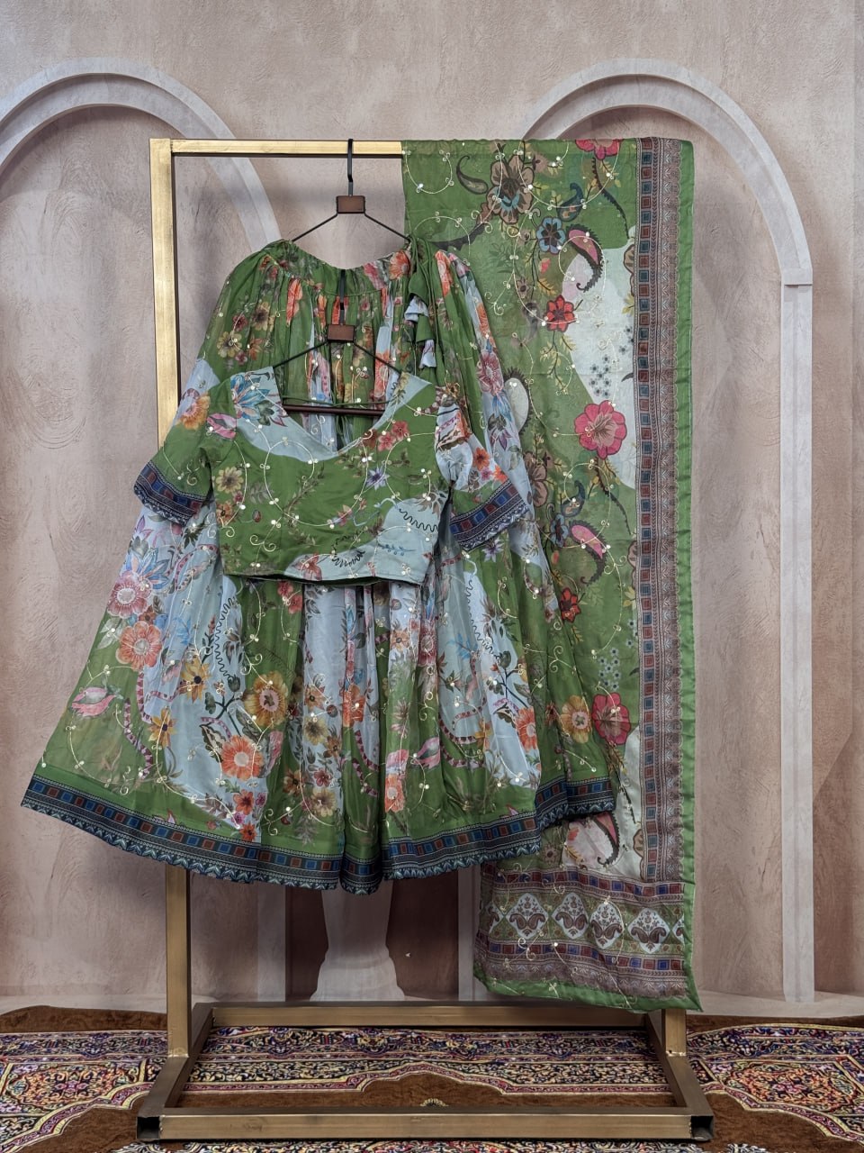 Green Digital Print Silk Lehenga Set ClothsVilla