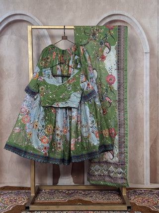 Green Digital Print Silk Lehenga Set ClothsVilla