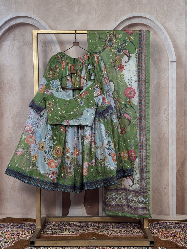 Green Digital Print Silk Lehenga Set ClothsVilla