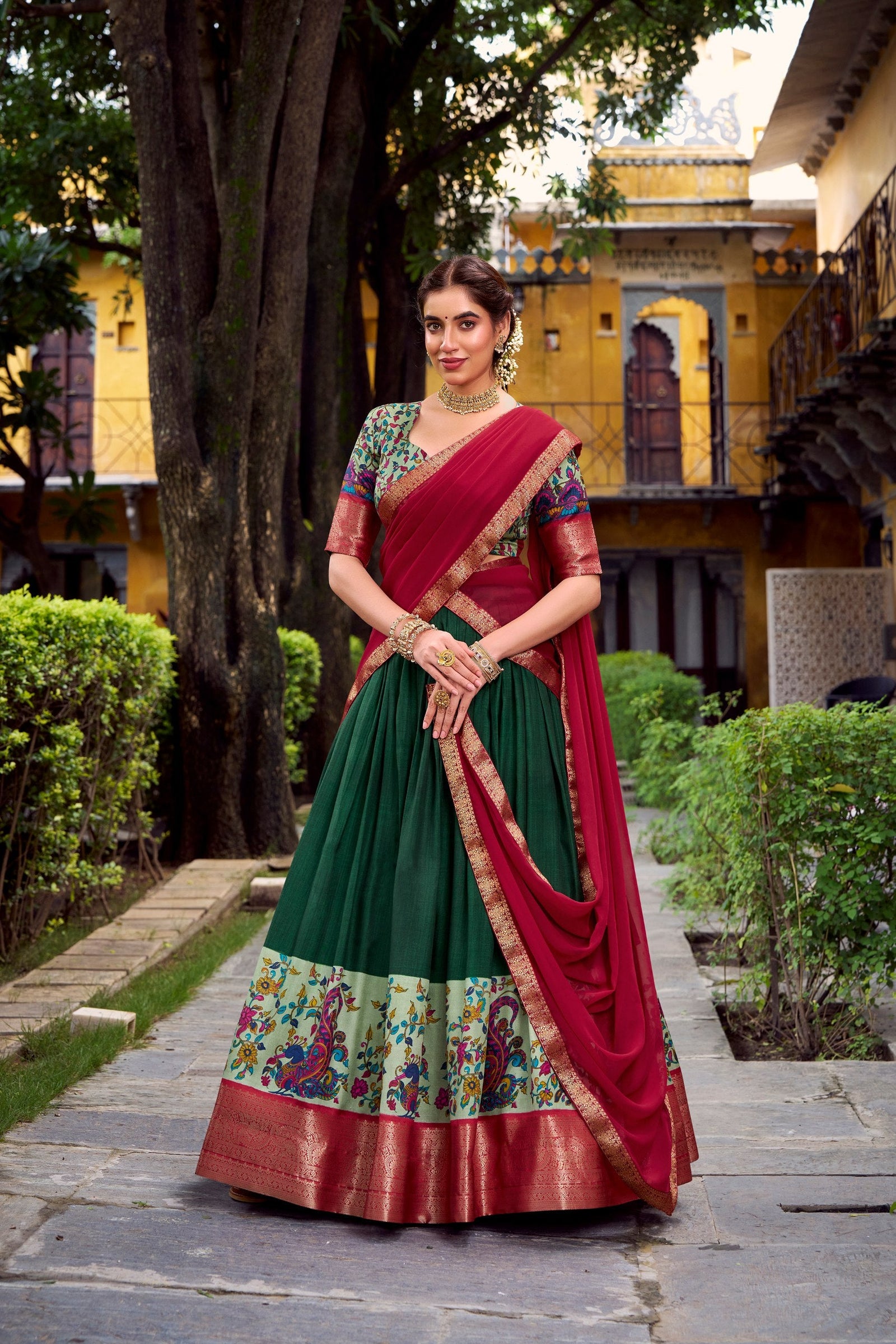 Green Elegant Aastha Silk Printed Lehenga Choli Set with Zari Weaving and Georgette Dupatta – Stitched Ensemble ClothsVilla