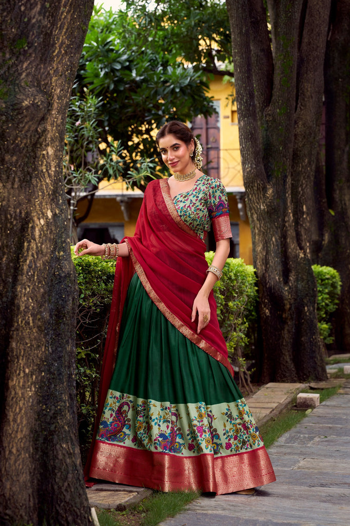 Green Elegant Aastha Silk Printed Lehenga Choli Set with Zari Weaving and Georgette Dupatta – Stitched Ensemble ClothsVilla