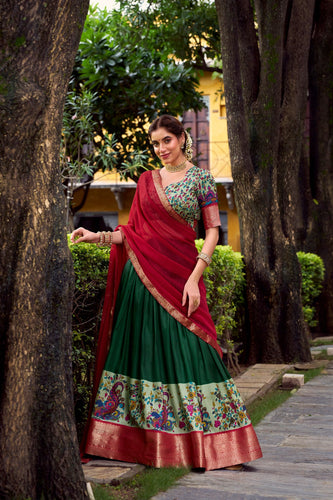 Green Elegant Aastha Silk Printed Lehenga Choli Set with Zari Weaving and Georgette Dupatta – Stitched Ensemble ClothsVilla