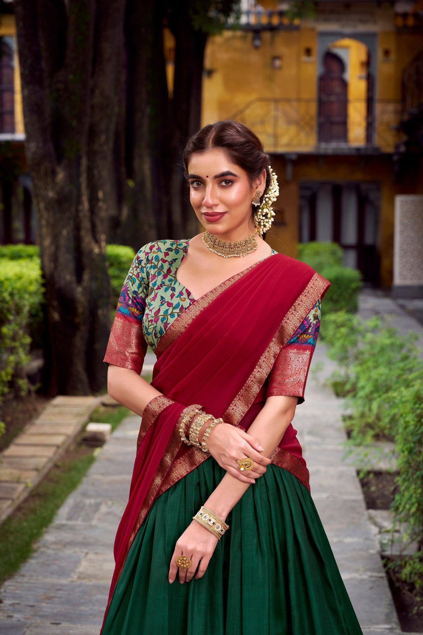 Green Elegant Aastha Silk Printed Lehenga Choli Set with Zari Weaving and Georgette Dupatta – Stitched Ensemble ClothsVilla