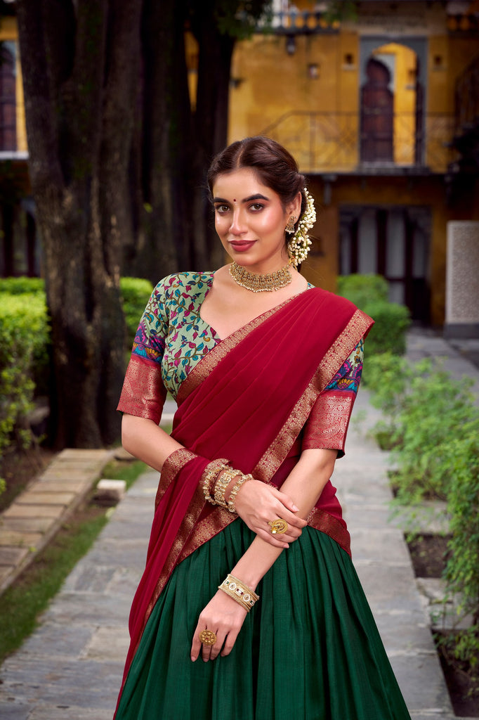 Green Elegant Aastha Silk Printed Lehenga Choli Set with Zari Weaving and Georgette Dupatta – Stitched Ensemble ClothsVilla