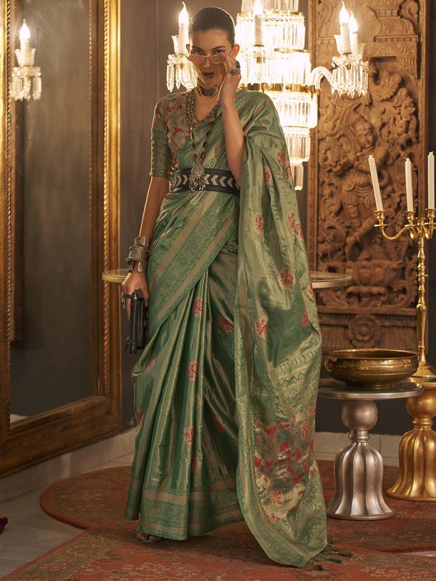 Green Elegant Banarasi Silk Blend Saree with Woven Design & Tassel Detailing ClothsVilla Main image