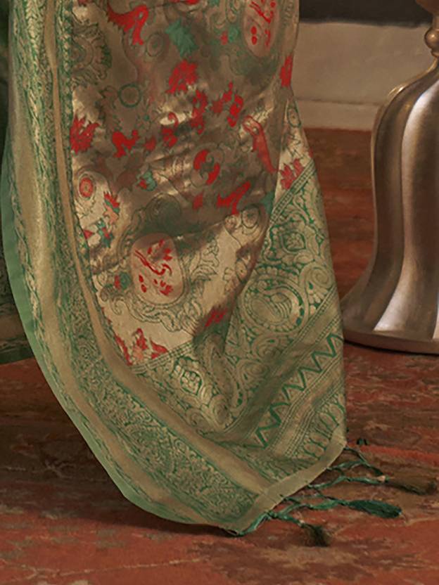Green Elegant Banarasi Silk Blend Saree with Woven Design & Tassel Detailing ClothsVilla