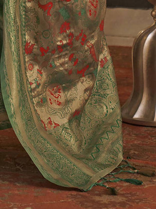 Green Elegant Banarasi Silk Blend Saree with Woven Design & Tassel Detailing ClothsVilla