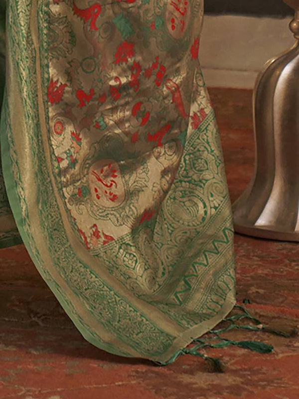 Green Elegant Banarasi Silk Blend Saree with Woven Design & Tassel Detailing ClothsVilla