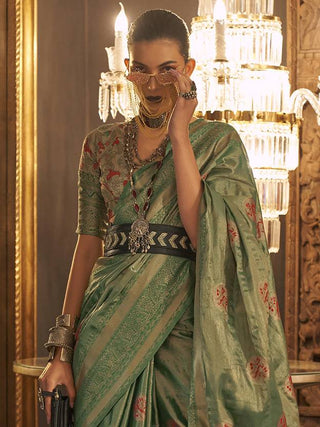 Green Elegant Banarasi Silk Blend Saree with Woven Design & Tassel Detailing ClothsVilla