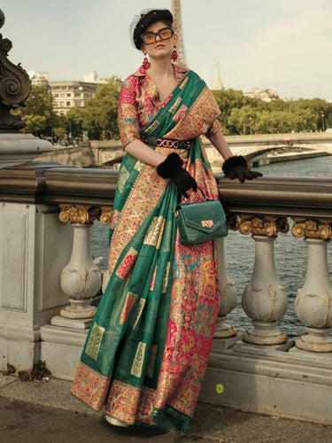 Green Elegant Banarasi Silk Blend Woven Saree with Unstitched Blouse Piece ClothsVilla