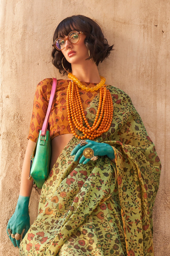 Green Elegant Banarasi Tissue Saree with Unstitched Blouse Piece ClothsVilla