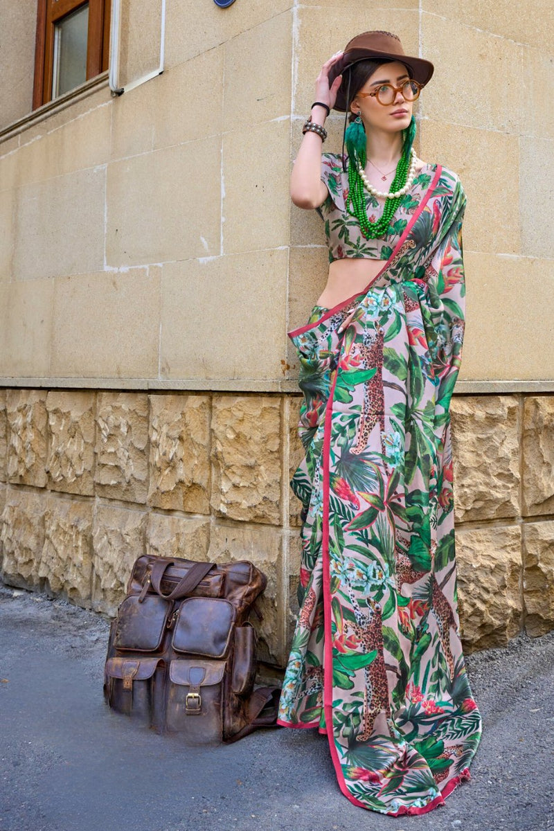 Green Elegant Bollywood Satin Printed Saree – Party & Festive Wear ClothsVilla