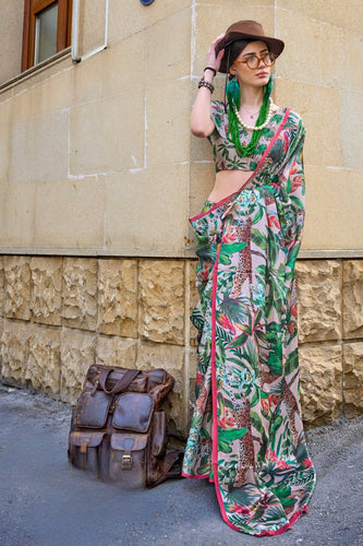 Green Elegant Bollywood Satin Printed Saree – Party & Festive Wear ClothsVilla