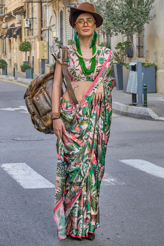 Green Elegant Bollywood Satin Printed Saree – Party & Festive Wear ClothsVilla