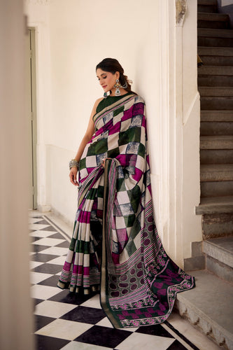 Green Elegant Chanderi Printed Saree with Temple Border & Matching Blouse ClothsVilla