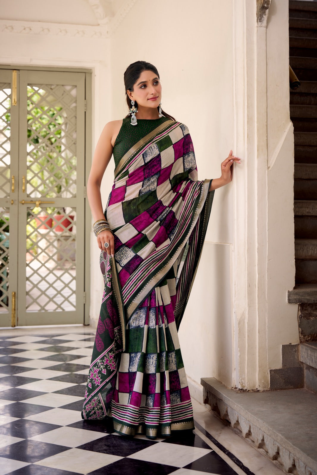 Green Elegant Chanderi Printed Saree with Temple Border & Matching Blouse ClothsVilla Main image