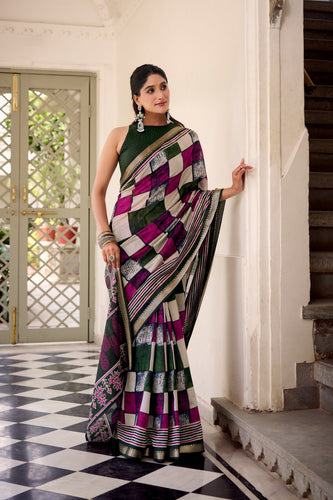 Green Elegant Chanderi Printed Saree with Temple Border & Matching Blouse ClothsVilla