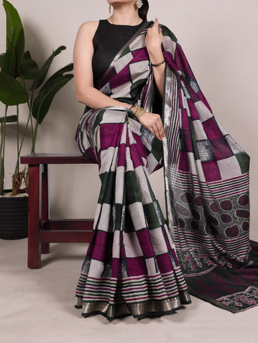Green Elegant Chanderi Printed Saree with Temple Border & Matching Blouse ClothsVilla