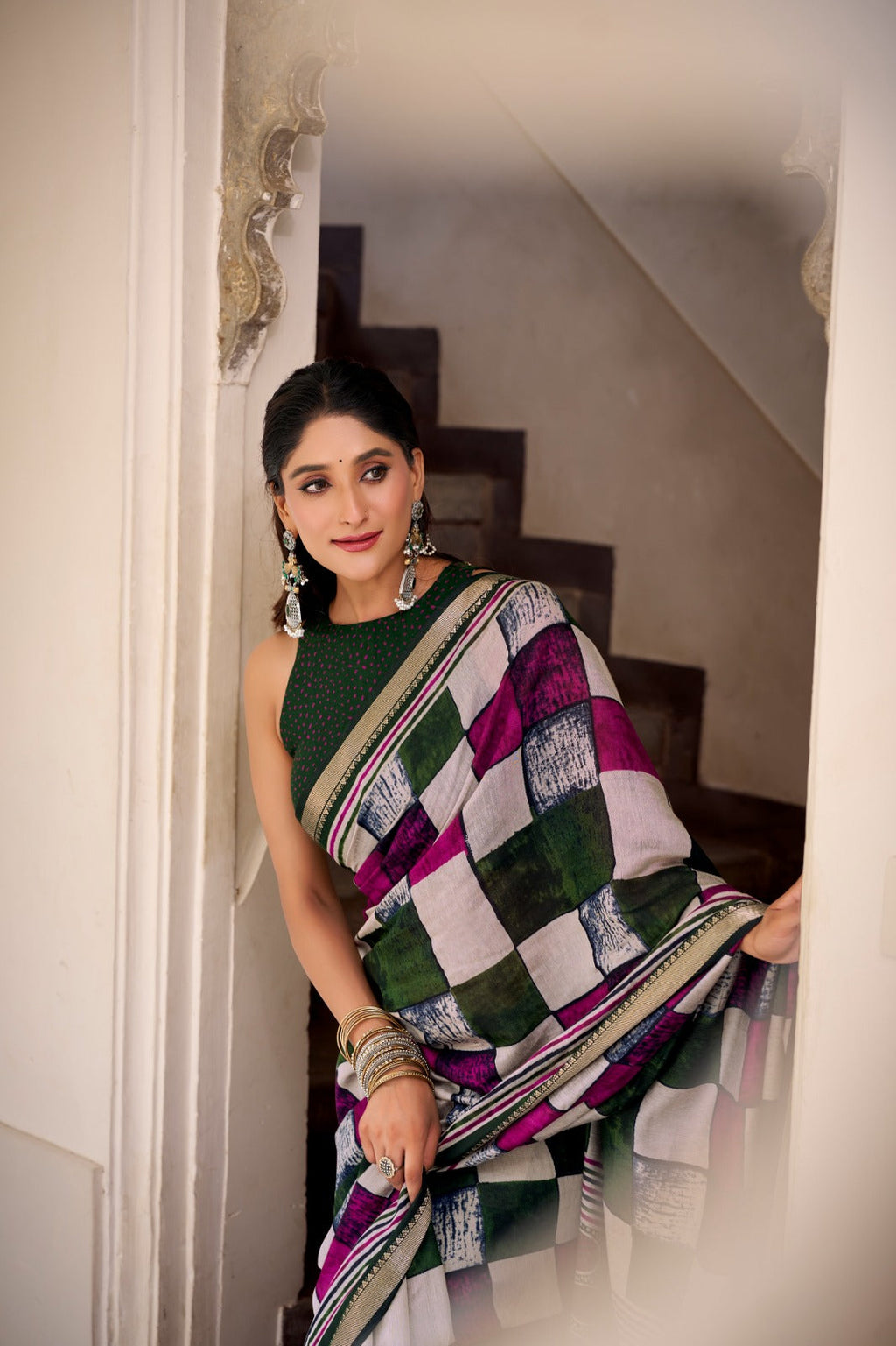 Green Elegant Chanderi Printed Saree with Temple Border & Matching Blouse ClothsVilla