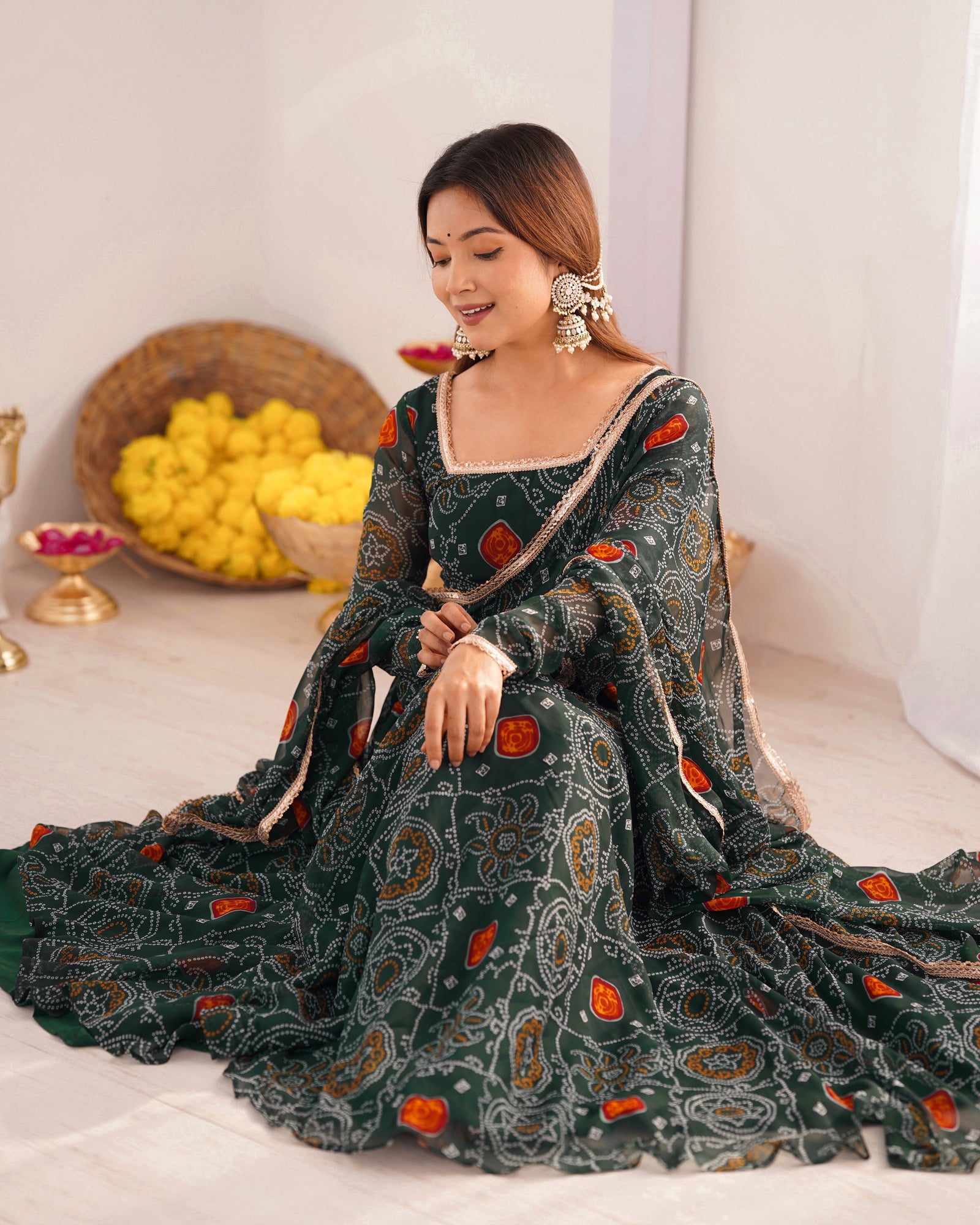 Green Elegant Designer Chiffon Bandhej Anarkali Gown Set with Dupatta & Pant – Fully Stitched Ready-to-Wear ClothsVilla