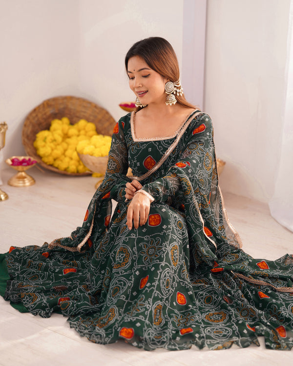 Green Elegant Designer Chiffon Bandhej Anarkali Gown Set with Dupatta & Pant – Fully Stitched Ready-to-Wear ClothsVilla