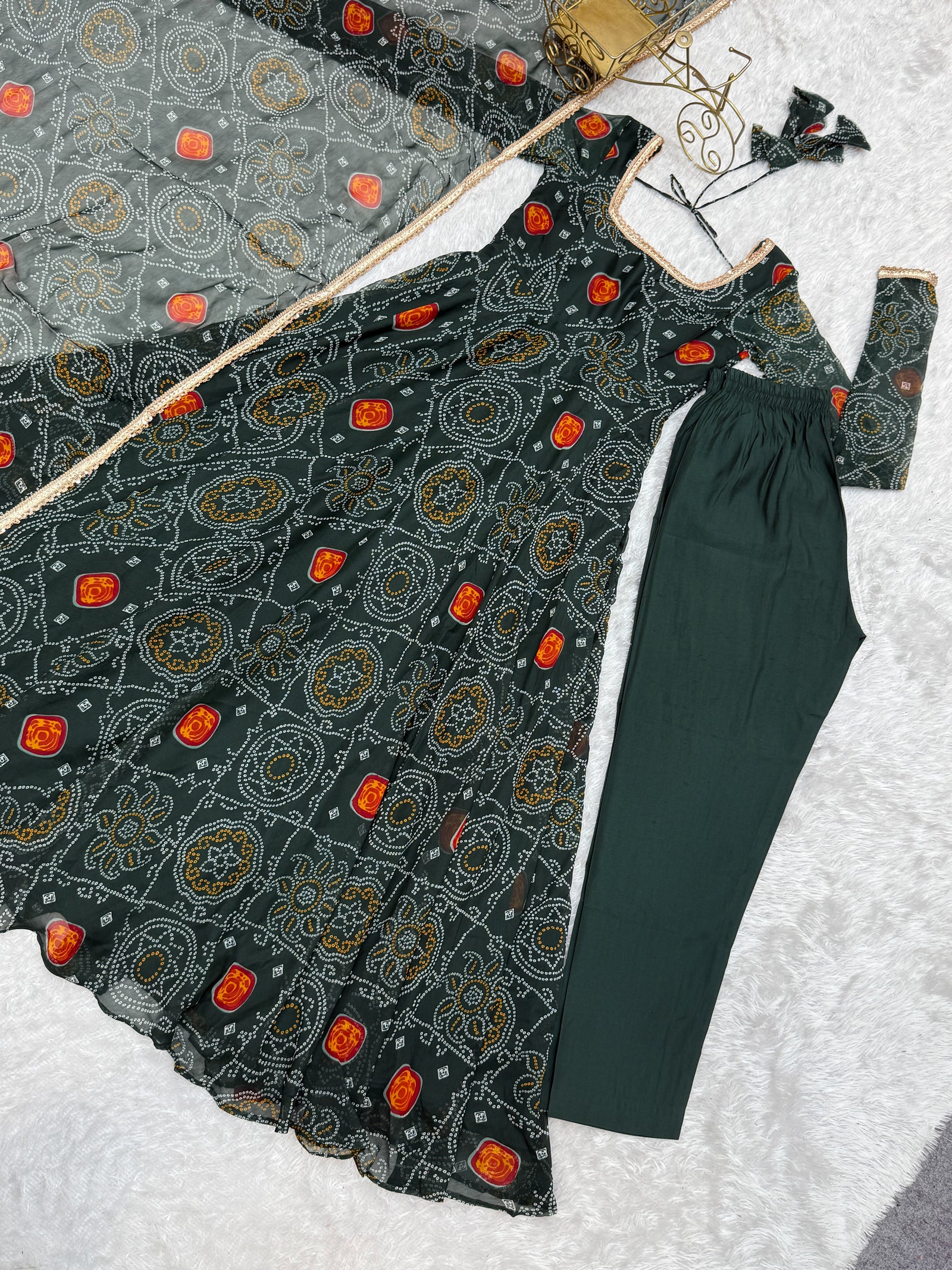 Green Elegant Designer Chiffon Bandhej Anarkali Gown Set with Dupatta & Pant – Fully Stitched Ready-to-Wear ClothsVilla
