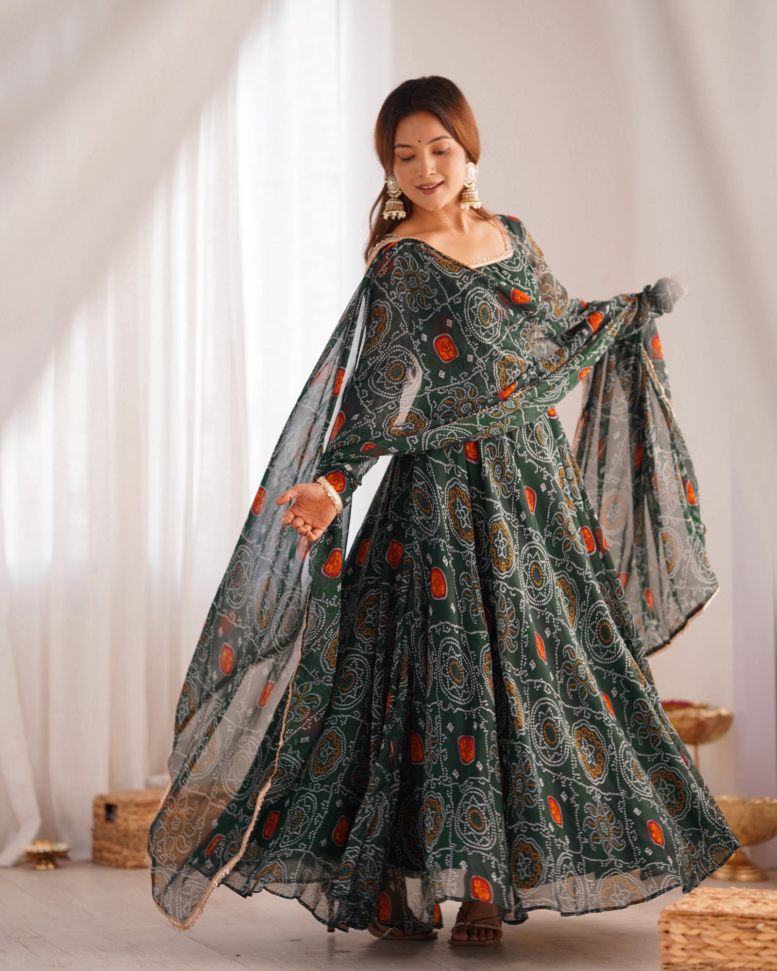 Green Elegant Designer Chiffon Bandhej Anarkali Gown Set with Dupatta & Pant – Fully Stitched Ready-to-Wear ClothsVilla