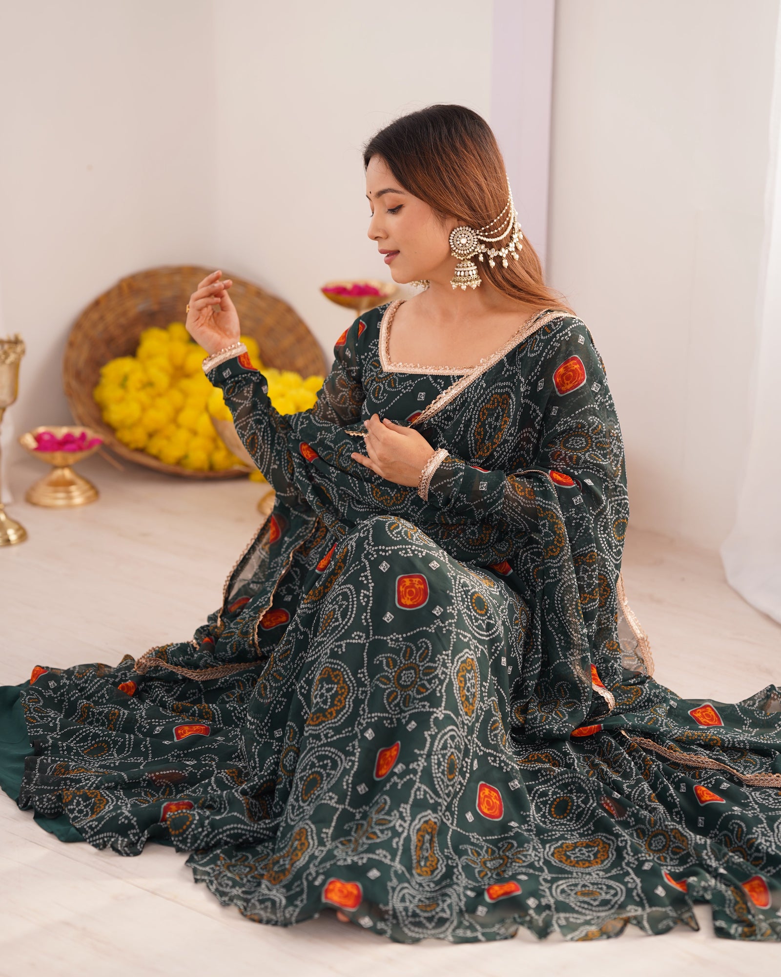 Green Elegant Designer Chiffon Bandhej Anarkali Gown Set with Dupatta & Pant – Fully Stitched Ready-to-Wear ClothsVilla