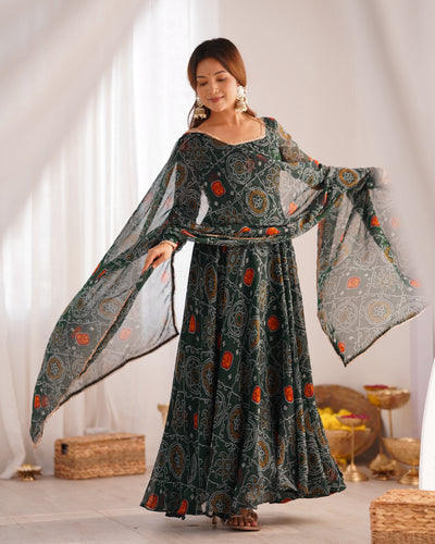 Green Elegant Designer Chiffon Bandhej Anarkali Gown Set with Dupatta & Pant – Fully Stitched Ready-to-Wear ClothsVilla
