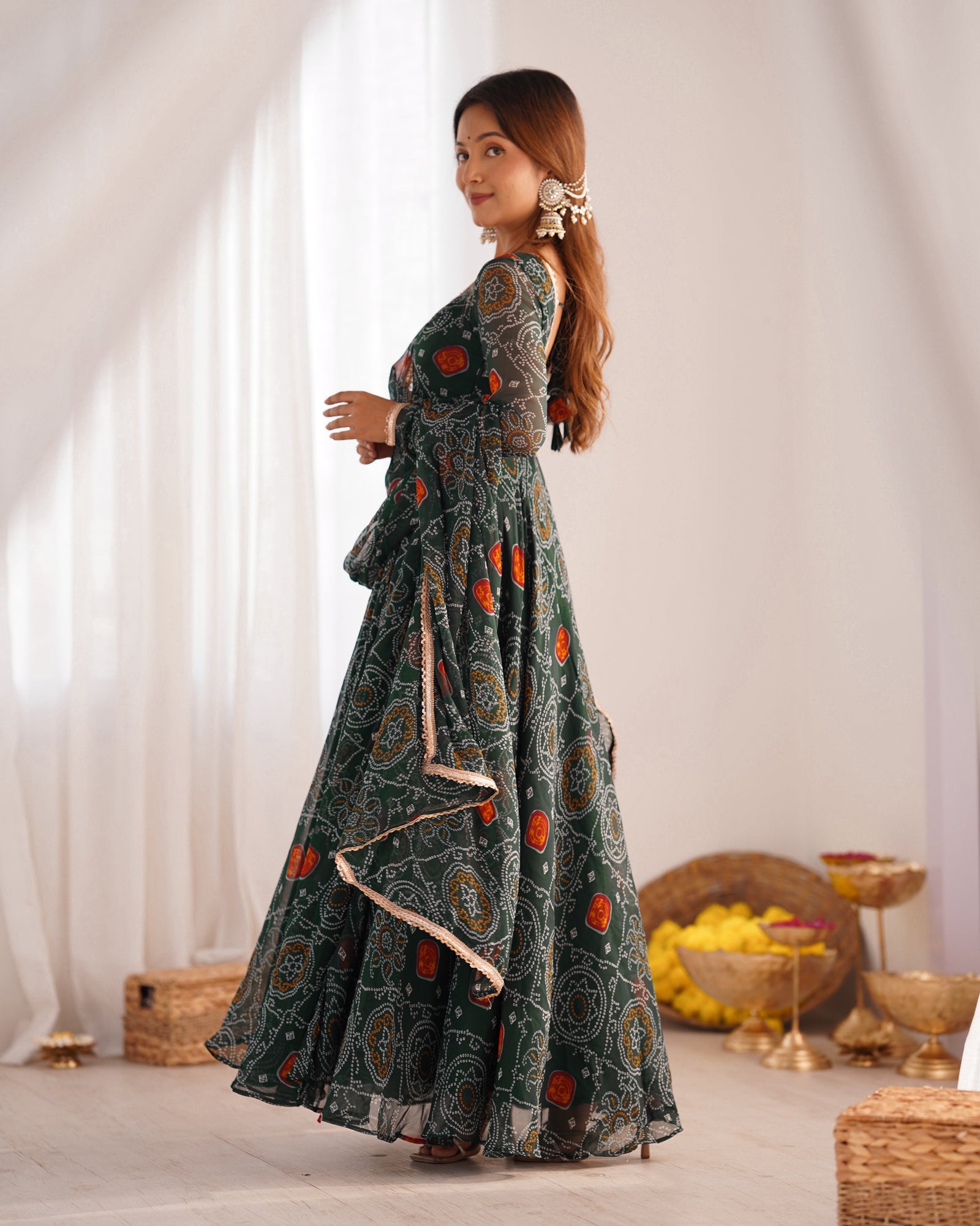 Green Elegant Designer Chiffon Bandhej Anarkali Gown Set with Dupatta & Pant – Fully Stitched Ready-to-Wear ClothsVilla