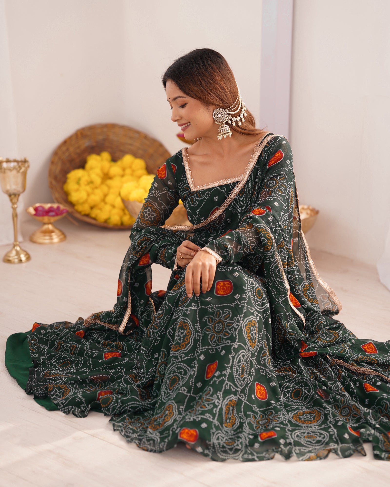 Green Elegant Designer Chiffon Bandhej Anarkali Gown Set with Dupatta & Pant – Fully Stitched Ready-to-Wear ClothsVilla