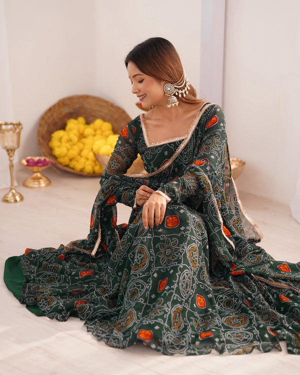 Green Elegant Designer Chiffon Bandhej Anarkali Gown Set with Dupatta & Pant – Fully Stitched Ready-to-Wear ClothsVilla
