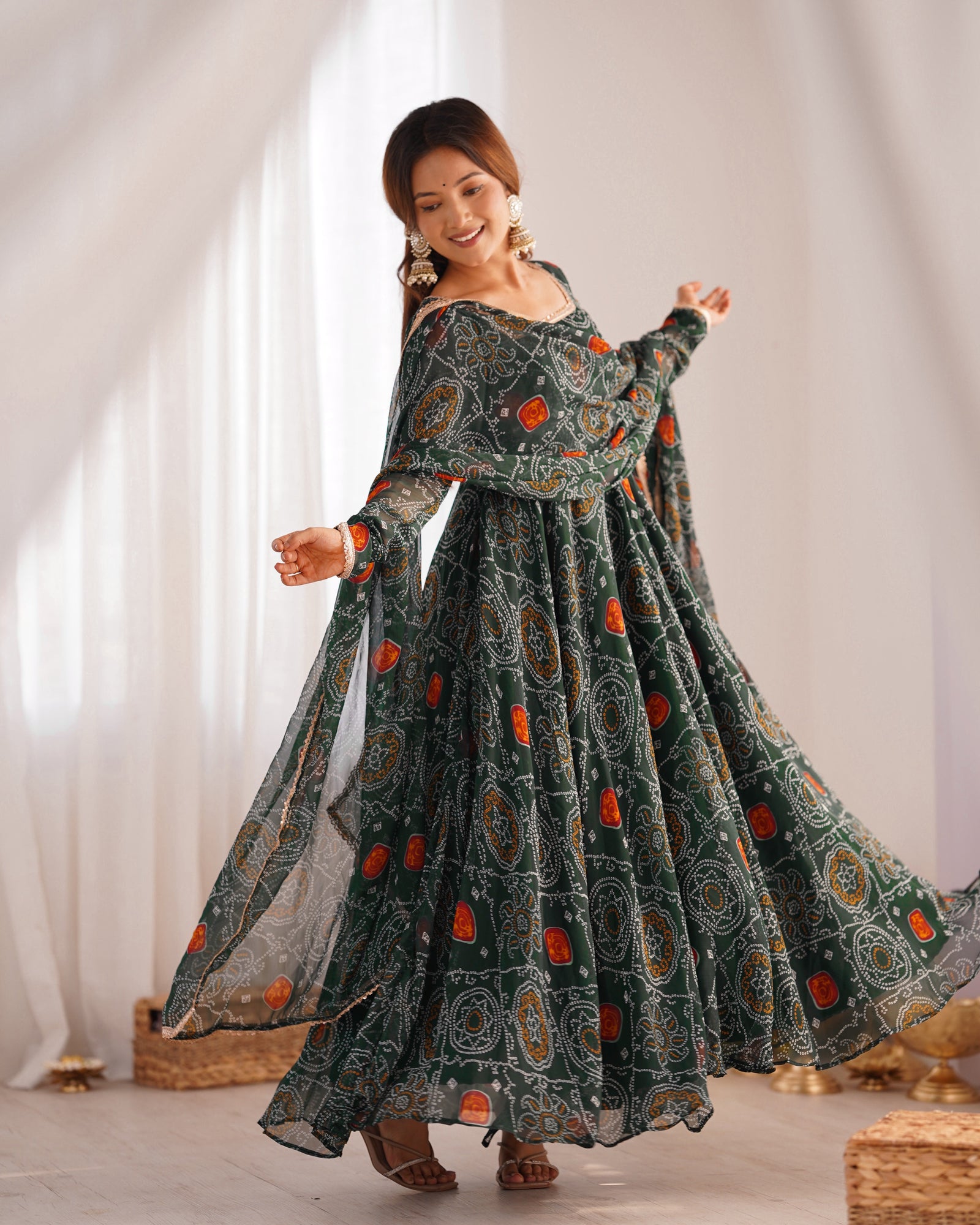 Green Elegant Designer Chiffon Bandhej Anarkali Gown Set with Dupatta & Pant – Fully Stitched Ready-to-Wear ClothsVilla