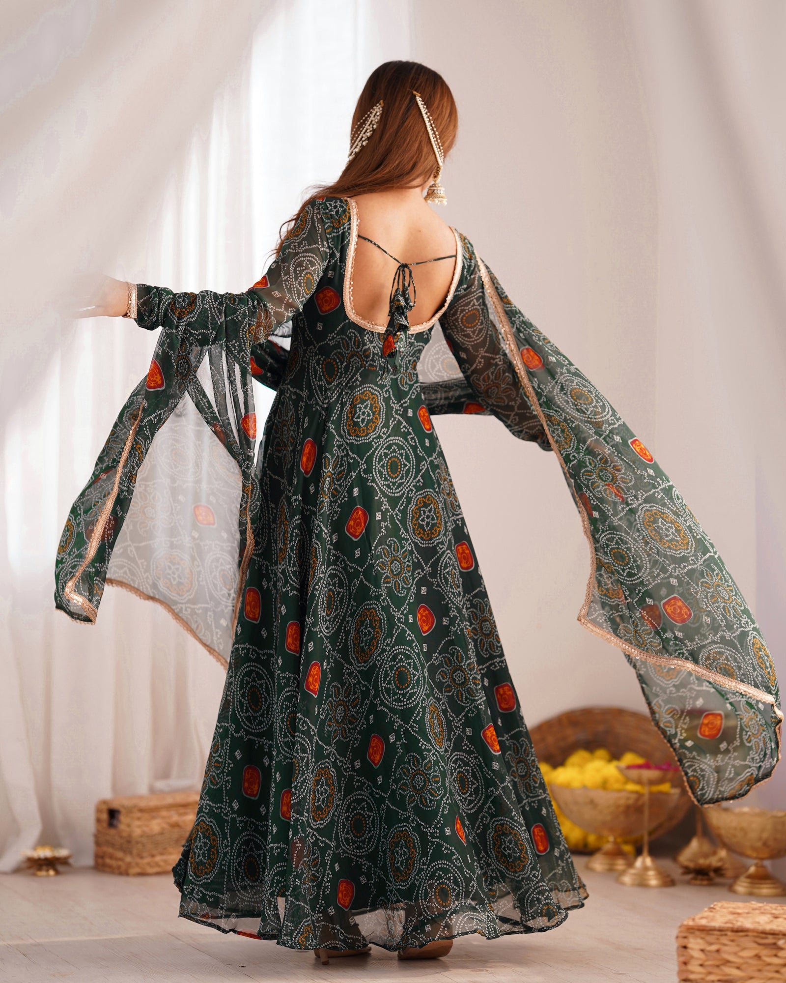 Green Elegant Designer Chiffon Bandhej Anarkali Gown Set with Dupatta & Pant – Fully Stitched Ready-to-Wear ClothsVilla