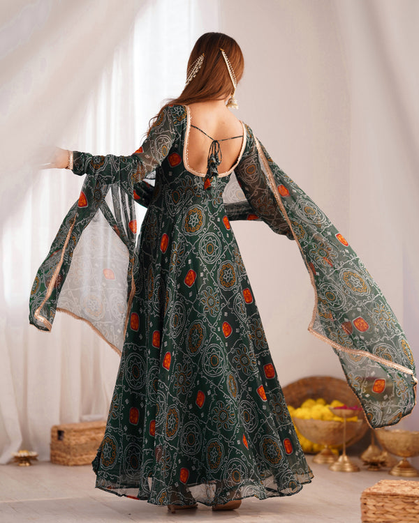 Green Elegant Designer Chiffon Bandhej Anarkali Gown Set with Dupatta & Pant – Fully Stitched Ready-to-Wear ClothsVilla