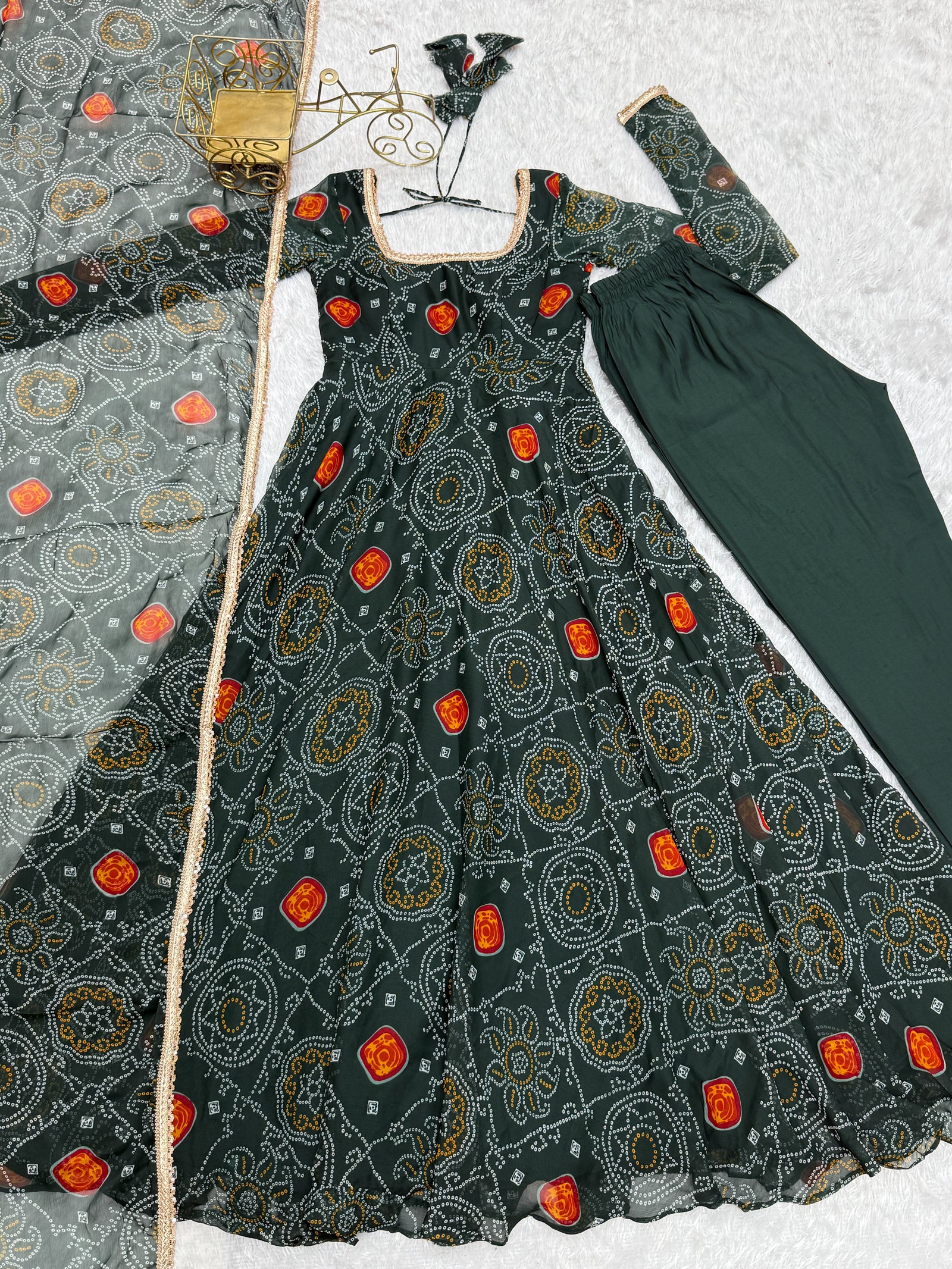 Green Elegant Designer Chiffon Bandhej Anarkali Gown Set with Dupatta & Pant – Fully Stitched Ready-to-Wear ClothsVilla