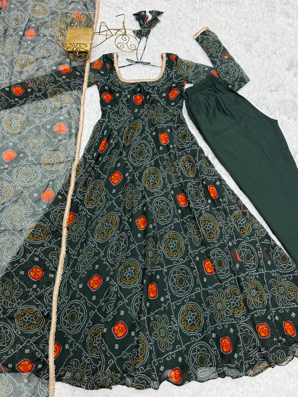 Green Elegant Designer Chiffon Bandhej Anarkali Gown Set with Dupatta & Pant – Fully Stitched Ready-to-Wear ClothsVilla