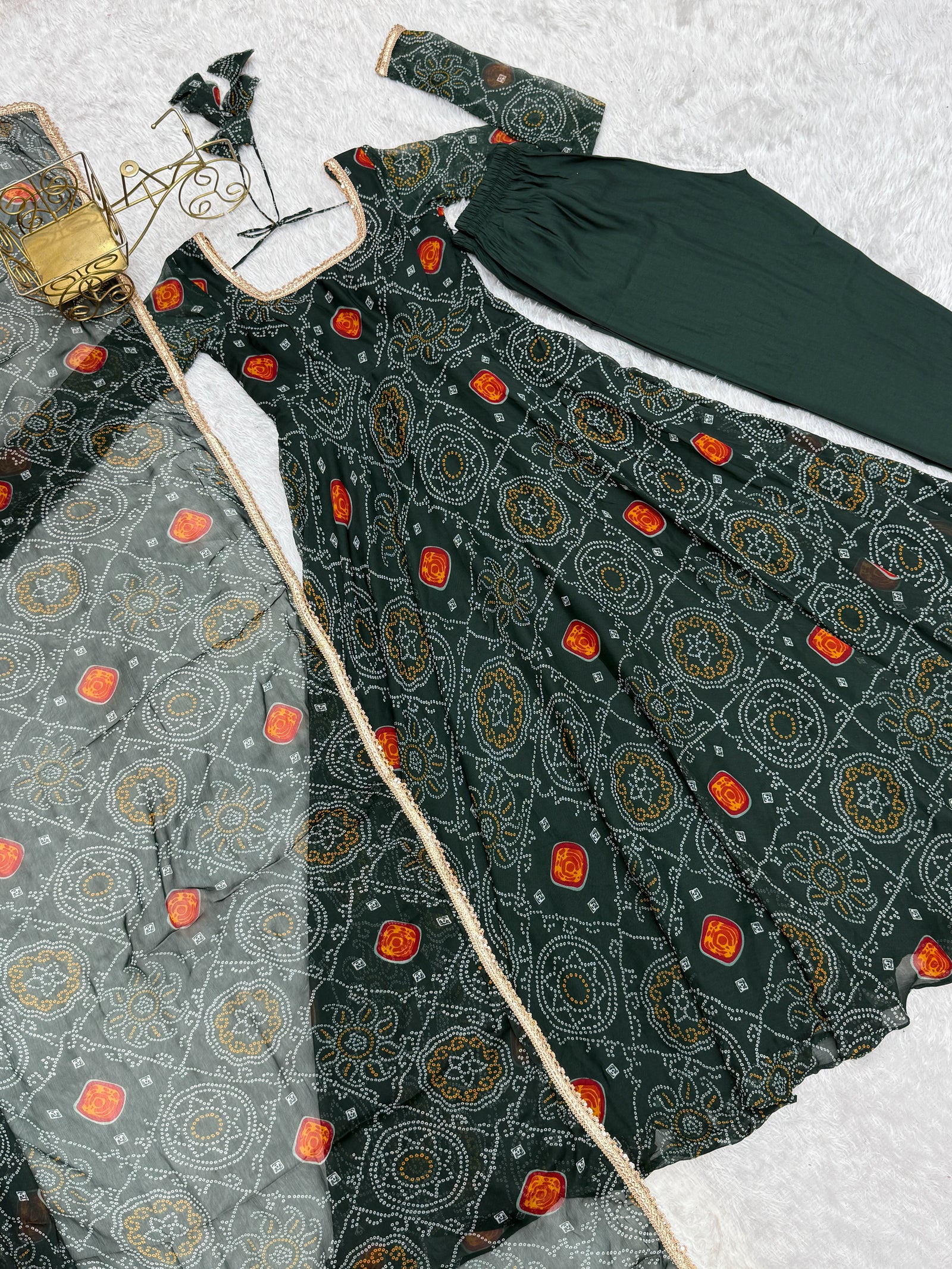 Green Elegant Designer Chiffon Bandhej Anarkali Gown Set with Dupatta & Pant – Fully Stitched Ready-to-Wear ClothsVilla