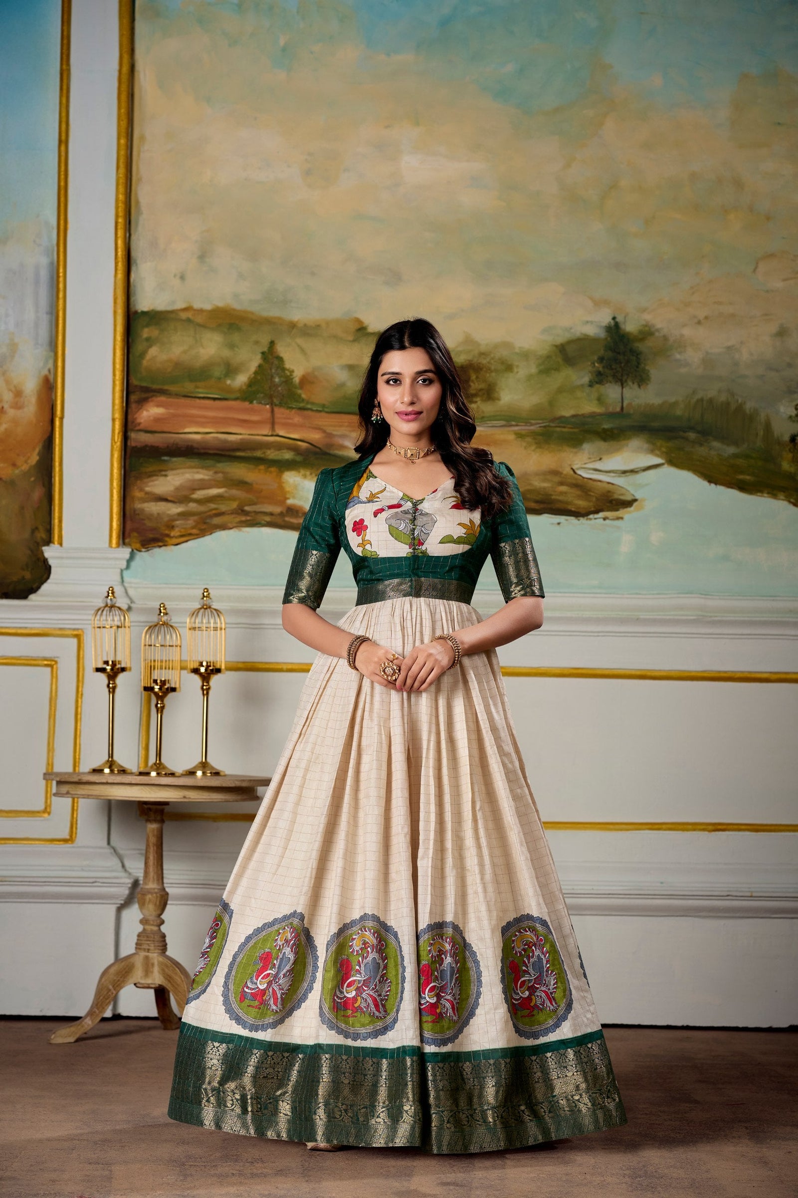 Green Elegant Dola Silk Kalamkari Print Gown with Zari Weaving Koti ClothsVilla