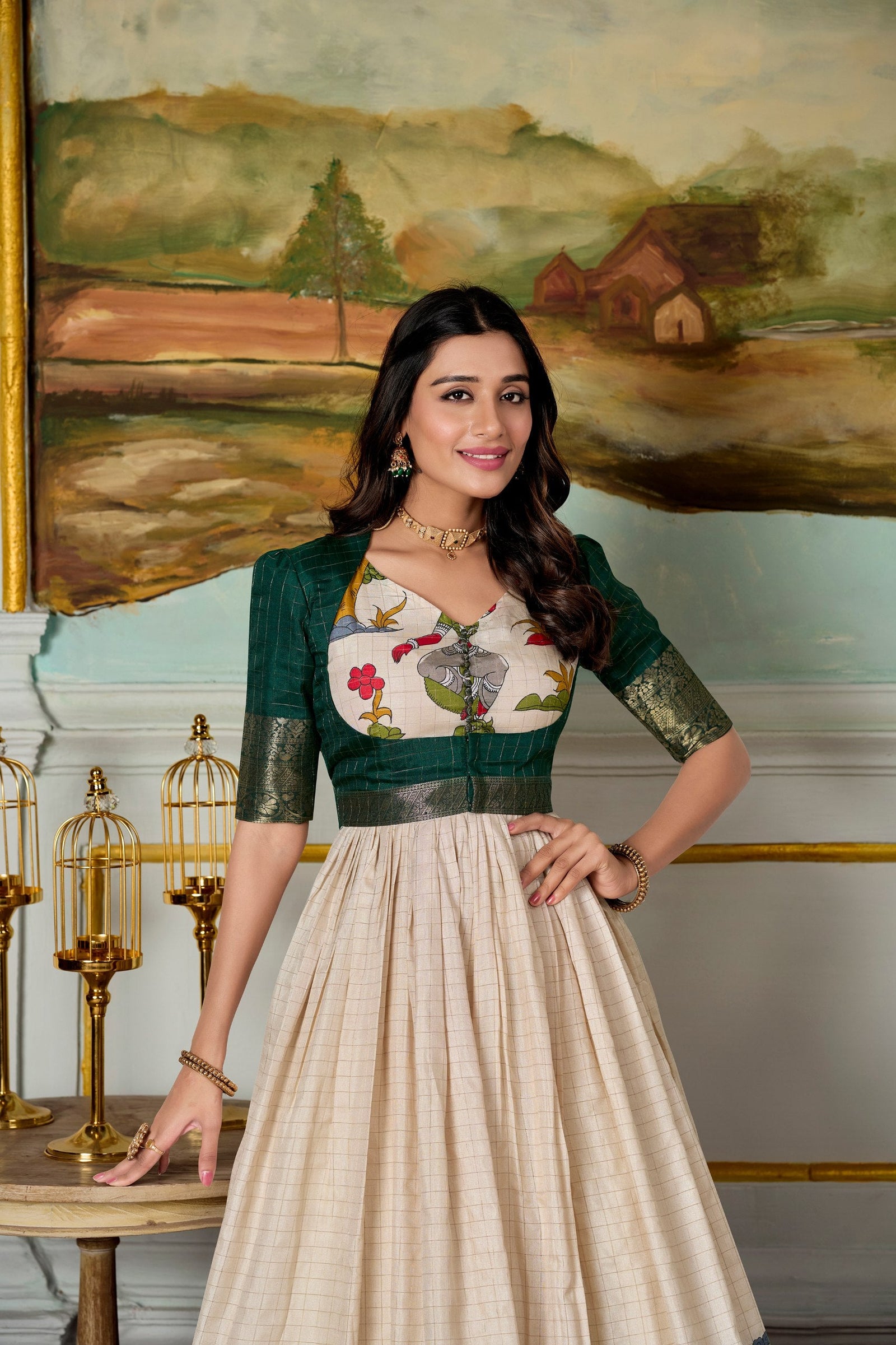 Green Elegant Dola Silk Kalamkari Print Gown with Zari Weaving Koti ClothsVilla