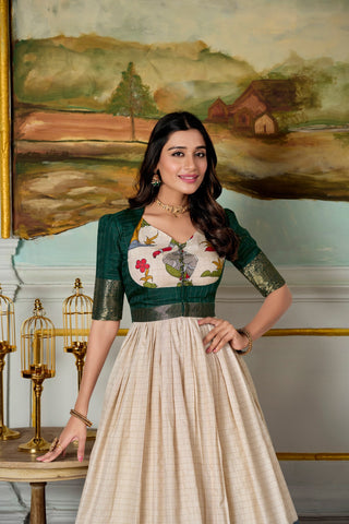 Green Elegant Dola Silk Kalamkari Print Gown with Zari Weaving Koti ClothsVilla