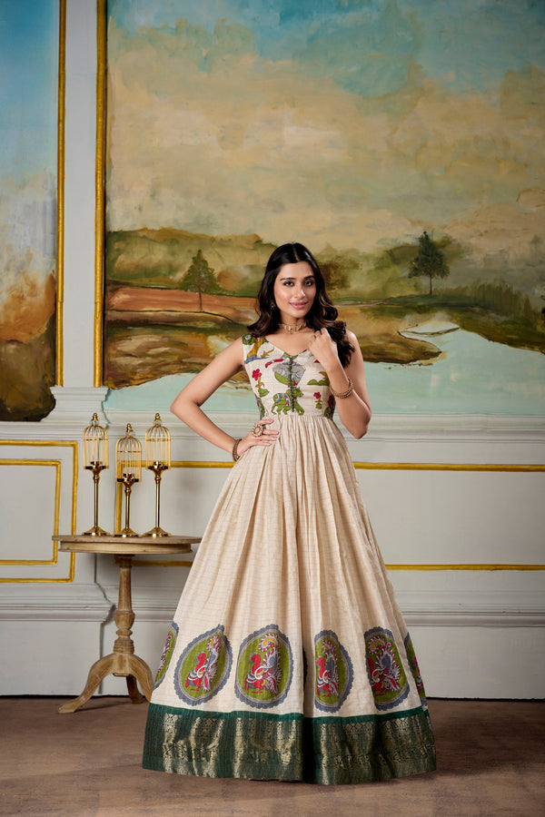 Green Elegant Dola Silk Kalamkari Print Gown with Zari Weaving Koti ClothsVilla