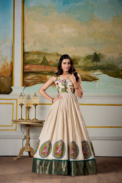 Designer Tasar Silk Kalamkari Gown with Zari Weaving Koti