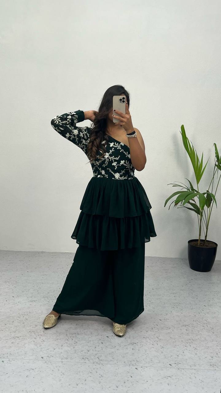 Green Elegant Embroidered Georgette Top & Palazzo Set – Chic & Classy! ClothsVilla Main image