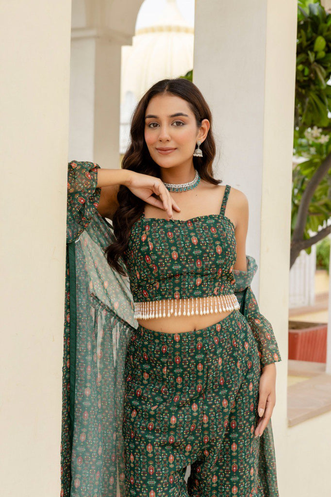Green Elegant Georgette Digital Print Blouse, Shrug & Sharara Set with Pearl Lace Detailing ClothsVilla
