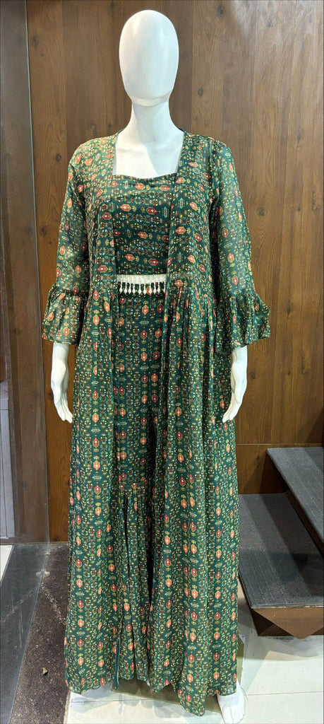 Green Elegant Georgette Digital Print Blouse, Shrug & Sharara Set with Pearl Lace Detailing ClothsVilla