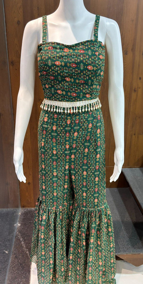 Green Elegant Georgette Digital Print Blouse, Shrug & Sharara Set with Pearl Lace Detailing ClothsVilla