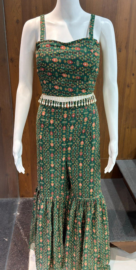 Green Elegant Georgette Digital Print Blouse, Shrug & Sharara Set with Pearl Lace Detailing ClothsVilla