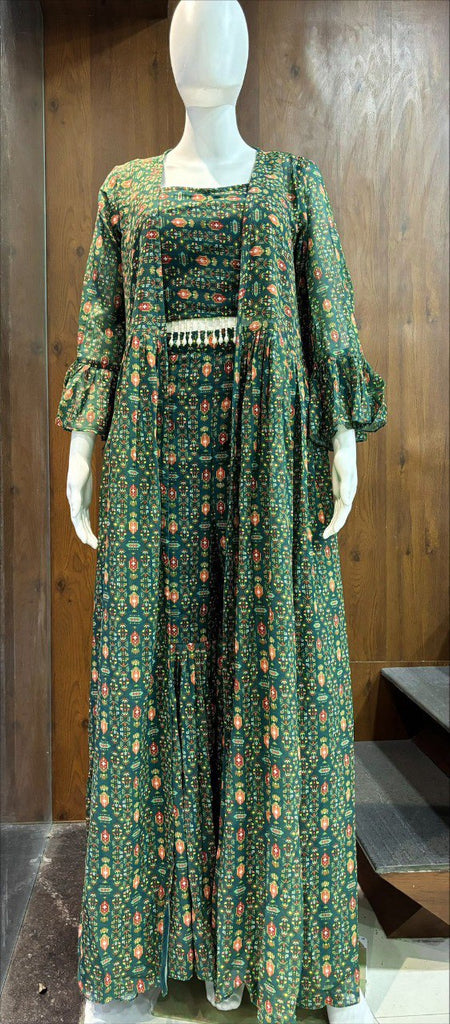 Green Elegant Georgette Digital Print Blouse, Shrug & Sharara Set with Pearl Lace Detailing ClothsVilla
